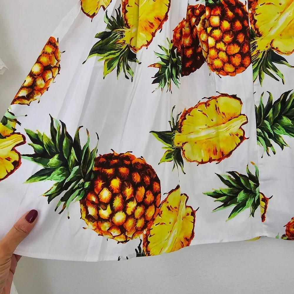 Womens Sz 3X Tropical Pineapple Print Pleated Swing Skirt Cotton Blend Retro NWT